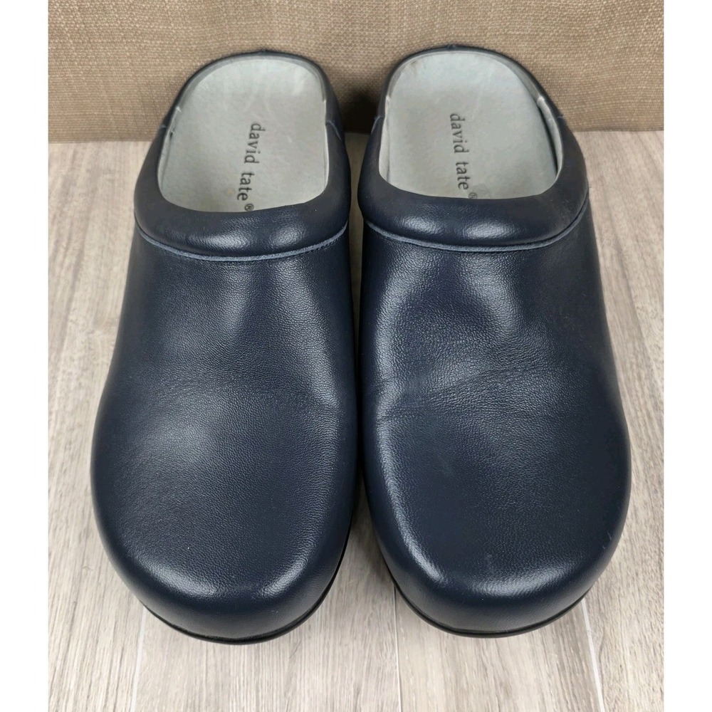 David Tate Catalina Navy Blue Leather Slip‎ On Mules Clogs Womens Size 9W Preppy